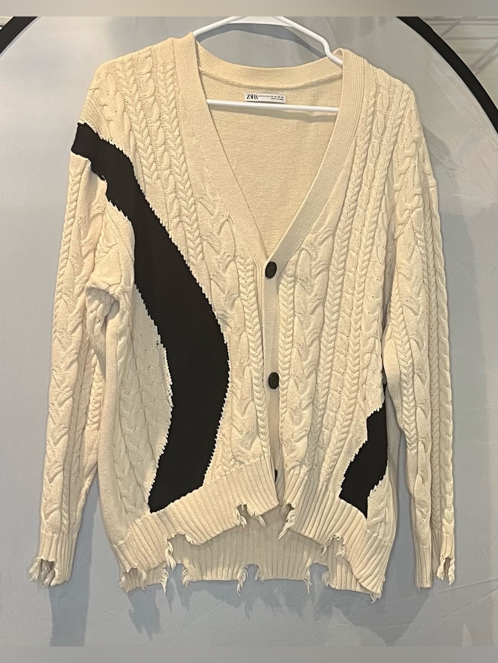 Zara Cream Cable-Knit Cardigan with Black Wave Panels